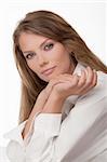 Portrait close up of the young woman of the European type with blue eyes, on a white background