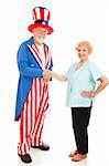 Woman shakes hands with Uncle Sam.  Isolated on white.  Metaphor for citizenship or immigration.
