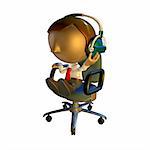 3D caractère de l'homme affaires assis dans une chaise de bureau avec un casque d'écoute