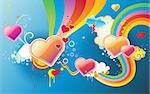 Vector illustration of funky styled design background made of heart shapes, rainbow shapes and floral elements