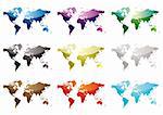 Collection of nine world maps with colour variation and light reflection