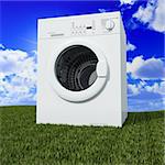 fine 3d machine à laver avec un ciel nuageux bleu et l'herbe verte