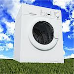 fine 3d washing machine with blue cloudy sky and green grass