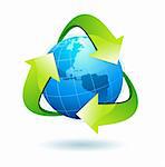 Vector illustration of blue Earth with green recycle symbol.