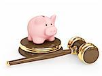 Judicial 3d gavel and piggy bank. Objects over white