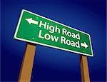 High Road, Low Road Green Road Sign Illustration on a Radiant Blue Background.