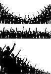 Set of editable vector silhouettes of crowds pointing and looking upwards with all figures as separate objects