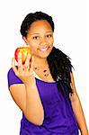Isolated portrait of black teenage girl holding apple
