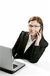 Businesswoman with laptop happy talking with mobile phone