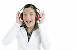 Businesswoman and safety headphones with humor expression over white background