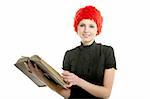 Happy funny student beautiful girl with orange wig and old book