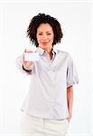 Attractive Afro-American businesswoman showing white card