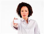Serious African businesswoman showing white card at the camera