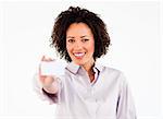 Friendly businesswoman showing white businesscard and looking at the camera