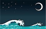 Wave in the night, vector and cartoon seascape