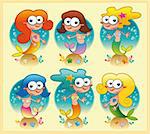 Set of mermaids with background. Funny cartoon vector characters