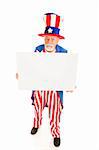 Grumpy Uncle Sam holding a blank sign.  Full body isolated design element.