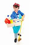 Friendly smiling maid holding a tray of cleaning products.  Full body isolated on white.