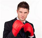 Businessman with boxing gloves on with camera focus on the man