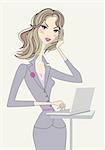 Business woman working with laptop and phone, vector