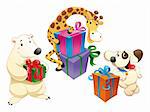 Animals and gifts, cartoon and vector characters for christmas, party and birthday