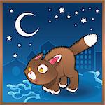 Baby cat in the night, cartoon and vector illustration