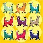 Chats colorés avec motif de curly tail. Fond jaune