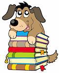 Cute dog on pile of books - vector illustration.