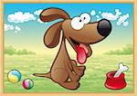 Dog in meadow with his toys, vector and cartoon illustration