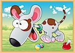 Dog is running in meadow with his toys, vector and cartoon illustration