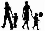 Vector image of children and parents to walk. Silhouettes on a white background