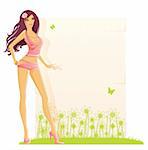 Summer girl with banner for text, vector