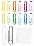 Many detailed glossy paperclips in various colors with blank notepapers
