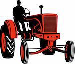 Illustration d'un tracteur vintage avec agriculteur conduite isolé sur fond blanc