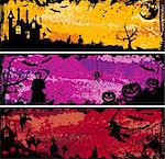 Cadre Halloween grunge trois avec la chauve-souris, citrouille, sorcière, fantôme, élément de design, illustration vectorielle