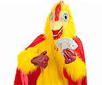 Man in a chicken suit holding money and giving a thumbs up sign.  Isolated on white.