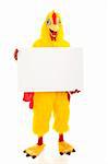 Man in a chicken suit holding a blank sign.  Full body isolated on white.