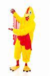 Man in chicken suit giving a presentation.  Full body isolated.