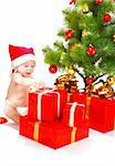 Baby unpacking Christmas presents, isolated