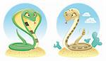 Deux serpents : Cobra et Viper Pit avec fond. Dessin animé et le vecteur des reptiles