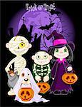 A group of cute kids and dog, dressed up to trick or treat on Halloween night. All characters on separate layers