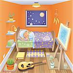 Boy is sleeping in his bedroom, cartoon and vector scene