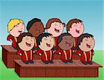 This is a vector illustration of a kid's choir performing outdoors