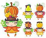 Vector set of a cute Thanksgiving girls wearing harvest hats with a pear, apple, pumpkin, orange leaves, berries.