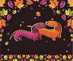Two friendly Dachshunds, walking in the autumn park. With space for your text.