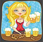 Vector illustration of sexy German Oktoberfest girl, wearing traditional Bavarian Dirndl dress, serving beer and pretzel