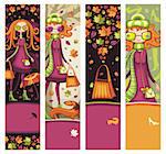 Autumnal vertical banners with fashion girls, shopping bag, dog, umbrella, maple leafs, shoes. With space for your text