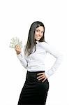 Beautiful success businesswoman holding Dollar notes, isolated on white