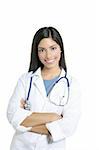 Berautiful femme de brune indienne jeune médecin heureux isolée sur fond blanc
