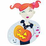 Halloween witch girl with pumpkin head. Vector Illustration.